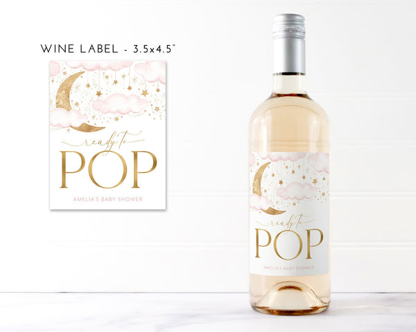 Moon Stars Baby Shower Champagne Labels, Printable Wine Labels, Mini Champagne Labels, Ready to Pop Labels, Over the Moon, Twinkle Girl Baby