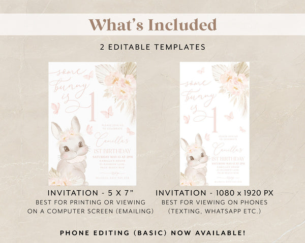 Some Bunny is One Invitation, Boho Some Bunny is Turning One Invite, Boho Bunny Birthday Party Invitation, 1st Birthday Girl, Butterflies