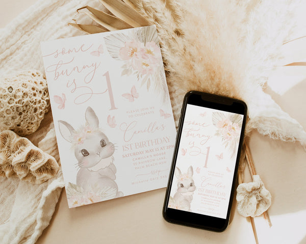 Some Bunny is One Invitation, Boho Some Bunny is Turning One Invite, Boho Bunny Birthday Party Invitation, 1st Birthday Girl, Butterflies