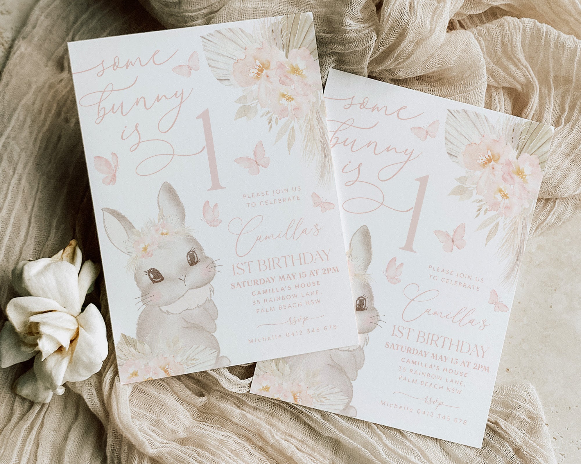 Some Bunny is One Invitation, Boho Some Bunny is Turning One Invite, Boho Bunny Birthday Party Invitation, 1st Birthday Girl, Butterflies