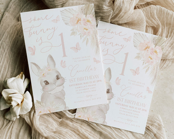 Some Bunny is One Invitation, Boho Some Bunny is Turning One Invite, Boho Bunny Birthday Party Invitation, 1st Birthday Girl, Butterflies