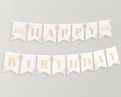 First Trip Around the Sun Birthday Banner Printable, Happy Birthday Banner, 1st Birthday Decor, Rainbow Birthday Party Banner Editable Girl