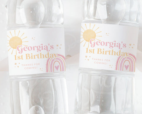 First Trip Around the Sun Water Bottle Labels, Rainbow Water Labels, Printable Water Bottle Label, Rainbow Sun Water Labels Birthday Girl