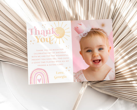 First Trip Around the Sun Thank You Card Template, Printable Thank You Card, Rainbow Thank You Card Editable Template, Thank You Card Girl