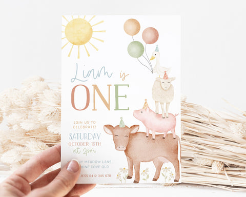 Farm Birthday Invitation Template, Farm Animals 1st Birthday Invite Boy, Barnyard Animals Birthday Printable Invitation, 1st Birthday Boy