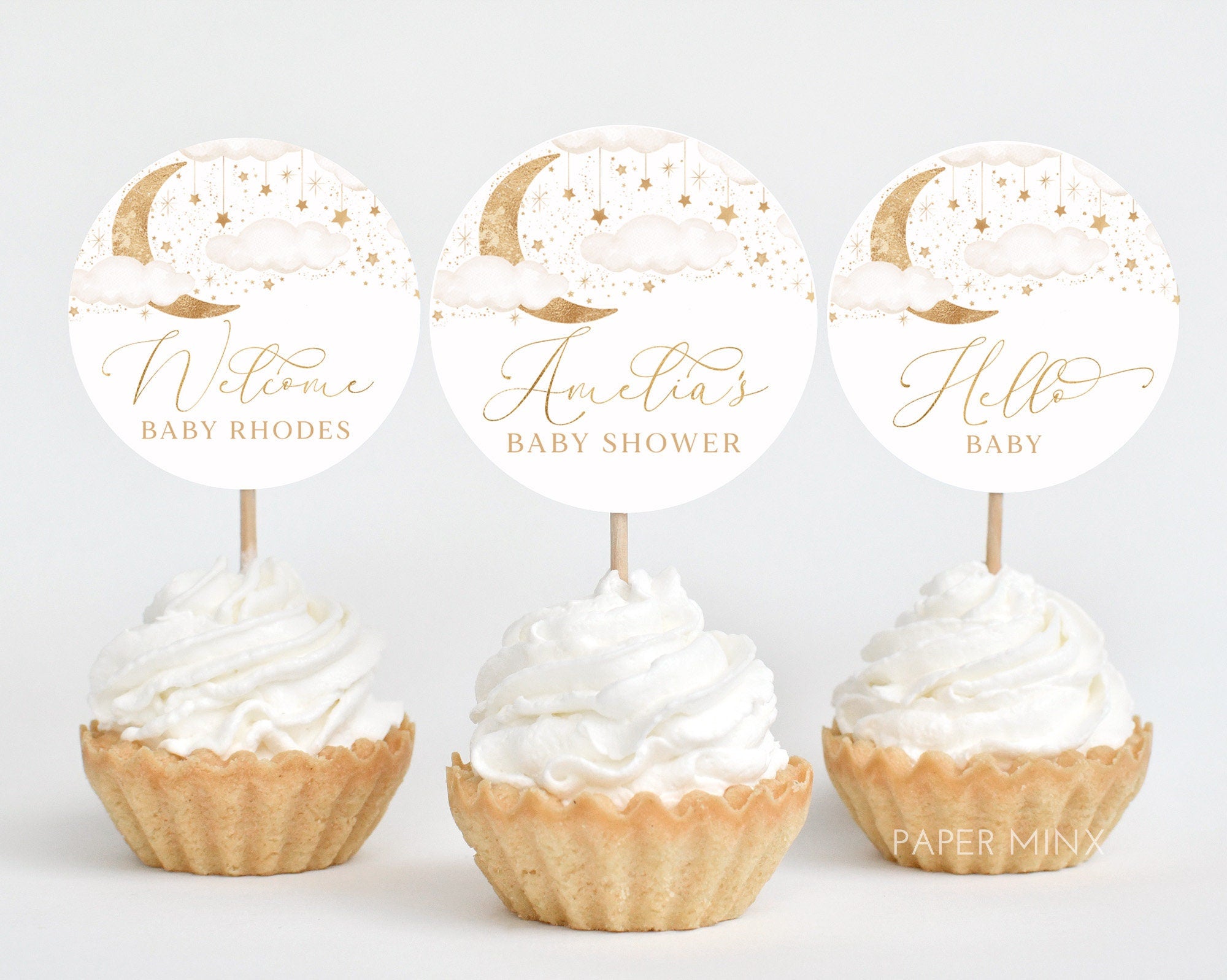 Moon Stars Baby Shower Cupcake Toppers, Over the Moon Cupcake Toppers, Printable Cupcake Toppers, Editable Cupcake Toppers, Twinkle Twinkle