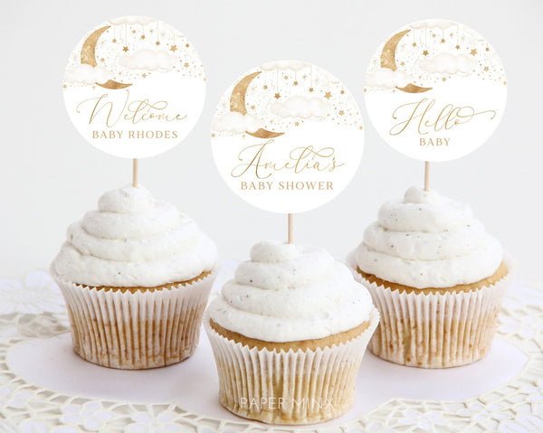 Moon Stars Baby Shower Cupcake Toppers, Over the Moon Cupcake Toppers, Printable Cupcake Toppers, Editable Cupcake Toppers, Twinkle Twinkle