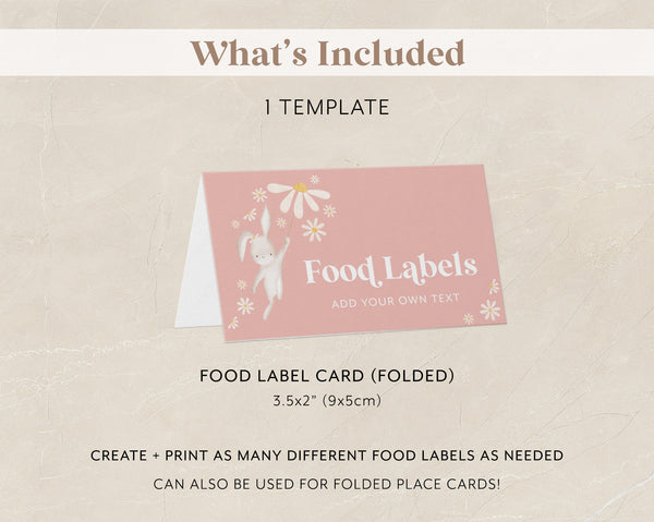 Some Bunny Food Labels, 1st Birthday Food Label Card, Food Tent Card, Birthday Food Tags, Folded Food Cards, Tented Food Labels, Bunny Daisy