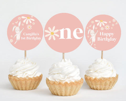 Some Bunny Cupcake Toppers, Printable Cupcake Topper, Bunny 1st Birthday Editable Cupcake Toppers, Pink Bunny Daisy 1st Birthday Cupcake