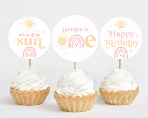 First Trip Around the Sun Cupcake Toppers, Printable Cupcake Topper, Rainbow 1st Birthday Editable Cupcake Toppers, Sun 1st Birthday Girl