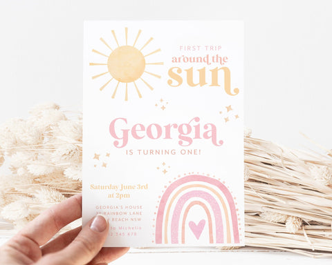 First Trip Around The Sun Birthday Invitation Template, Girls First Birthday Sun Rainbow Invitation, Printable 1st Birthday Pink Rainbow