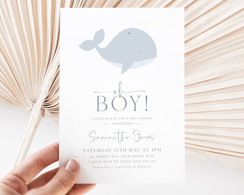 Whale Baby Shower Invitation, Blue Whale Baby Shower Invitation, Oh Boy Baby Shower, Whale Invitation, Baby Boy Invite, Whale Phone Evite