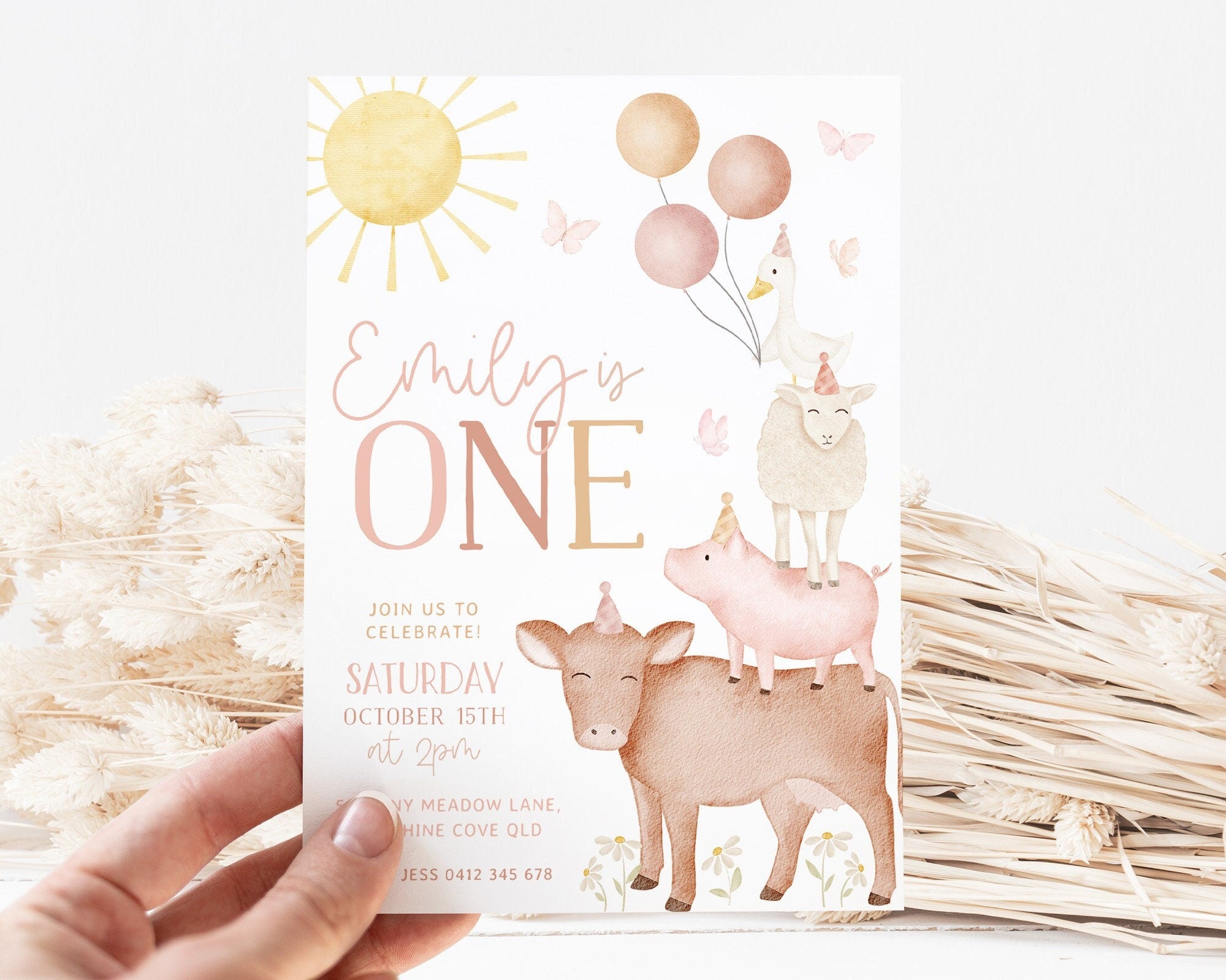 Farm Birthday Invitation Template, Farm Animals 1st Birthday Invite Girls, Barnyard Animals Birthday Printable Invitation, 1st Birthday Girl