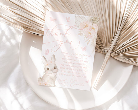 Some Bunny is One Thank You Card, Boho Bunny Thank You, 1st Birthday Bunny Thank You Card, Boho Some Bunny Birthday Party Decorations Pink