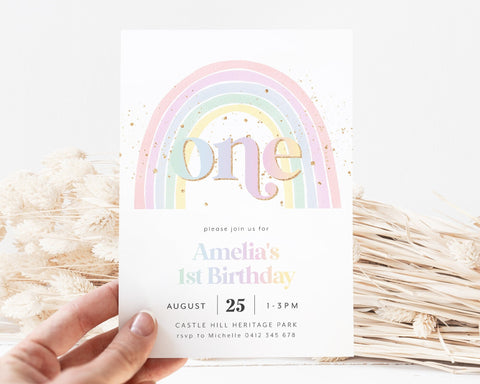 Pastel Rainbow Birthday Invitation, Pastel 1st Birthday Invite, First Birthday Invitation, 1st Birthday Girl, Pastel Rainbow Invitation Girl