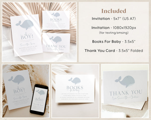 Whale Baby Shower Invitation Bundle, Printable Baby Shower Invitation Editable Games, Baby Shower Decorations, Boy Baby Shower Under the Sea