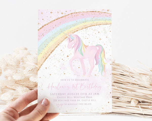 Unicorn Birthday Invitation, Unicorn Invitation, Rainbow Unicorn Birthday Invitation, 1st Birthday Girl, Pastel Unicorn Invitation Printable