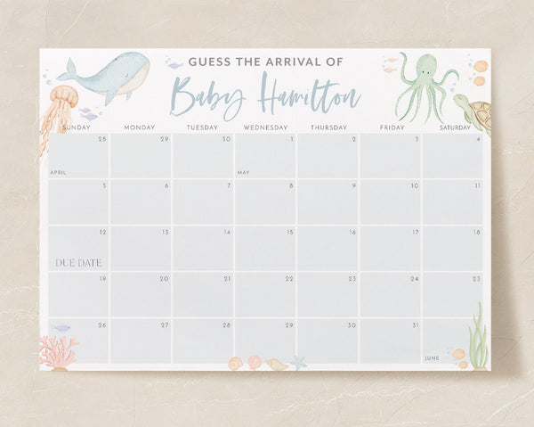 Under the Sea Baby Due Date Calendar, Guess the Due Date, Birth Date Sign, Baby Arrival Sign Printable, Ocean Animals Birthday Guessing Game