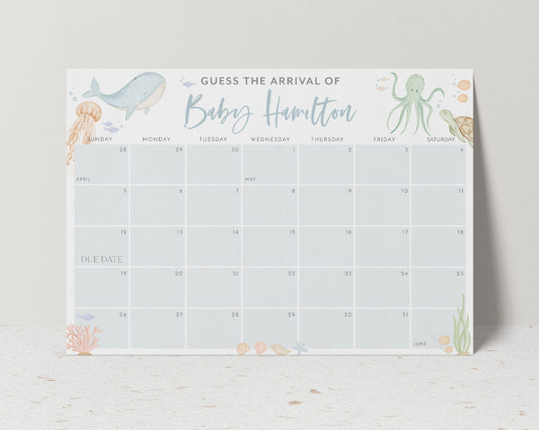 Under the Sea Baby Due Date Calendar, Guess the Due Date, Birth Date Sign, Baby Arrival Sign Printable, Ocean Animals Birthday Guessing Game