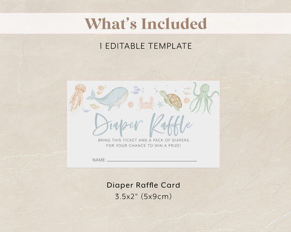 Under the Sea Diaper Raffle Card, Ocean Animals Baby Shower Diaper Raffle Card, Editable Template, Printable, Nappy, Under the Sea Shower