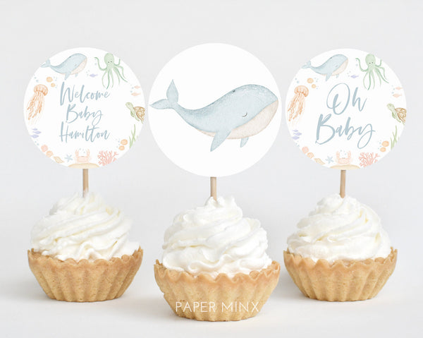 Under the Sea Baby Shower Cupcake Toppers, Ocean Animals Cupcake Toppers, Printable Cupcake Toppers, Editable Cupcake Toppers, Boy Baby