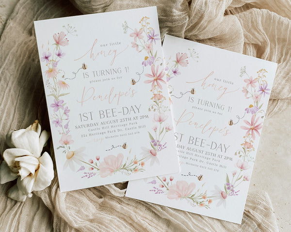 First Bee Day Invitation, Bee Birthday Invitation Pink, Bee 1st Birthday Invite, Bumble Bee Birthday, Wildflower Bee Day, 1st Birthday Girl