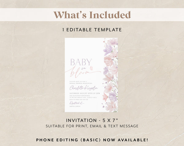 Baby in Bloom Invitation, Wildflowers Baby Shower Invitation, Purple Pink Flower Invitation, Floral Baby Brunch, Floral Baby Shower Invite