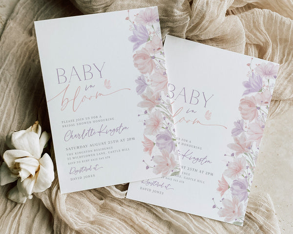 Baby in Bloom Invitation, Wildflowers Baby Shower Invitation, Purple Pink Flower Invitation, Floral Baby Brunch, Floral Baby Shower Invite