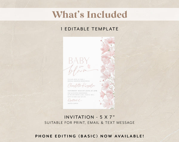 Baby in Bloom Invitation, Wildflower Baby Shower Invitation, Pink Flower Invitation, Floral Baby Brunch, Pink Floral Baby Shower Invite Girl