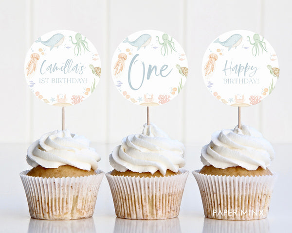 Under the Sea Cupcake Toppers, Oneder the Sea Cupcake Toppers, Printable Cupcake Toppers, Editable Cupcake Toppers, 1st Birthday Boy Sea