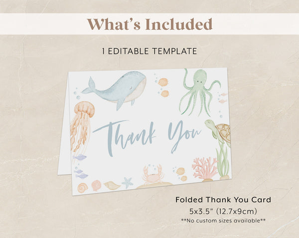 Under the Sea Thank You Card Template, Printable Thank You Card, Ocean Animals Baby Shower Thank You Card, Under the Sea Baby Shower Card