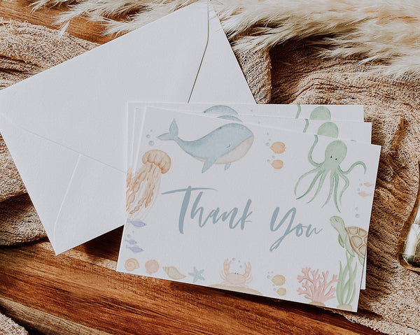 Under the Sea Thank You Card Template, Printable Thank You Card, Ocean Animals Baby Shower Thank You Card, Under the Sea Baby Shower Card