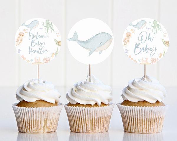 Under the Sea Baby Shower Cupcake Toppers, Ocean Animals Cupcake Toppers, Printable Cupcake Toppers, Editable Cupcake Toppers, Boy Baby