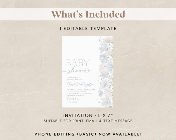 Baby Shower Invitation, Blue Floral Baby Shower Invitation, Blue Flower Invitation, Floral Baby Brunch, Blue Baby Shower Invitation Boy