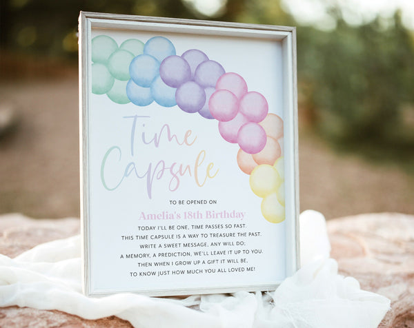 Pastel Rainbow Time Capsule, 1st Birthday Time Capsule Sign, Time Capsule Template, Pastel Birthday Party, Rainbow 1st Birthday Decorations