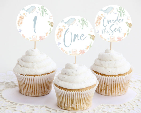 Under the Sea Cupcake Toppers, Oneder the Sea Cupcake Toppers, Printable Cupcake Toppers, Editable Cupcake Toppers, 1st Birthday Boy Sea