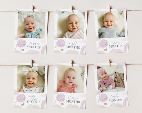 First Year Photos, 1st Birthday Milestone Photos, Baby's First Year Month Photo Banner, Purple Hot Air Balloon ONEderful Photo Banner Girl