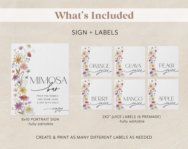 Wildflower Mimosa Bar Sign, Floral Mimosa Sign, Bridal Shower Mimosa Bar Sign, Juice Labels, Mimosa and Juice Labels, Floral Mimosa Sign