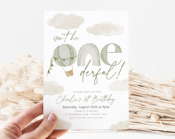 Onederful Hot Air Balloon Invitation, Onederful 1st Birthday Invitation Printable, Rainbow Invitation 1st Birthday Boy, Sage Green Birthday