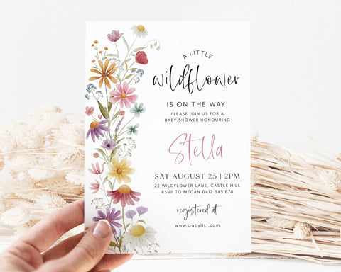 Wildflower Baby Shower Invitation, Purple Pink Flower Invitation, Wild Flower Invite, Floral Baby Brunch Invite, Baby in Bloom Invitation