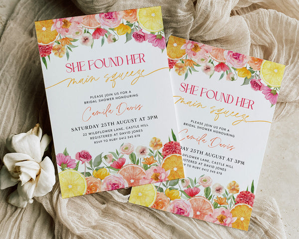 Main Squeeze Bridal Shower Invitation, Lemon Bridal Shower, Citrus Bridal Shower Invitation, Mediterranean Lemon Theme, Bright Floral Bridal