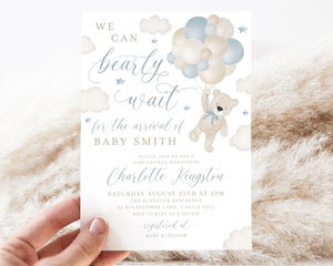 Bear Balloons Baby Shower Invitation Template, We Can Bearly Wait Invite Blue, Boy Baby Shower Editable Teddy Bear Invitation Blue Printable