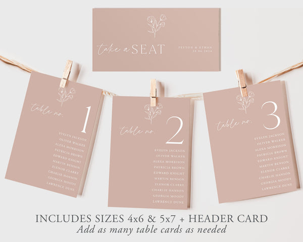 Wedding Seating Chart Cards Template, Minimalist Wedding Seating Chart Cards, Pink Seating Chart Cards, Table Number Seating Cards, Peyton