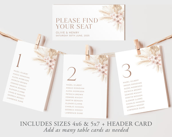 Wedding Seating Chart Card Template, Boho Floral Wedding Seating Cards, Minimal Seating Chart Cards, Table Number Seating Cards, Olive