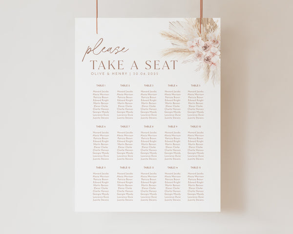 Boho Seating Chart, Wedding Seating Chart, Boho Floral Pink Seating Template, Printable Seating Chart, Editable Boho Seating Chart, Olive