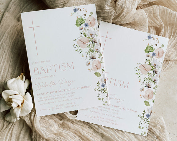 Floral Baptism Invitation, Pink Floral Christening Invitation Template, Wildflower Christening Invitation, Girls Printable Baptismal Invite