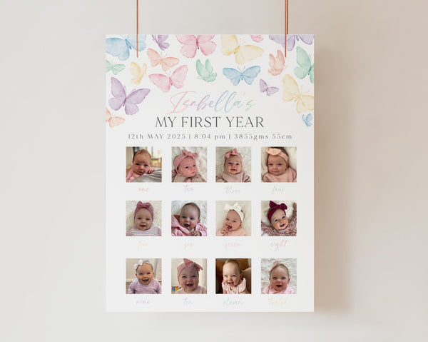 First Birthday Photo Board Printable, 1st Birthday Monthly Photo Sign, Girls First Year, 1st Birthday Decor, Pastel Rainbow Butterfly