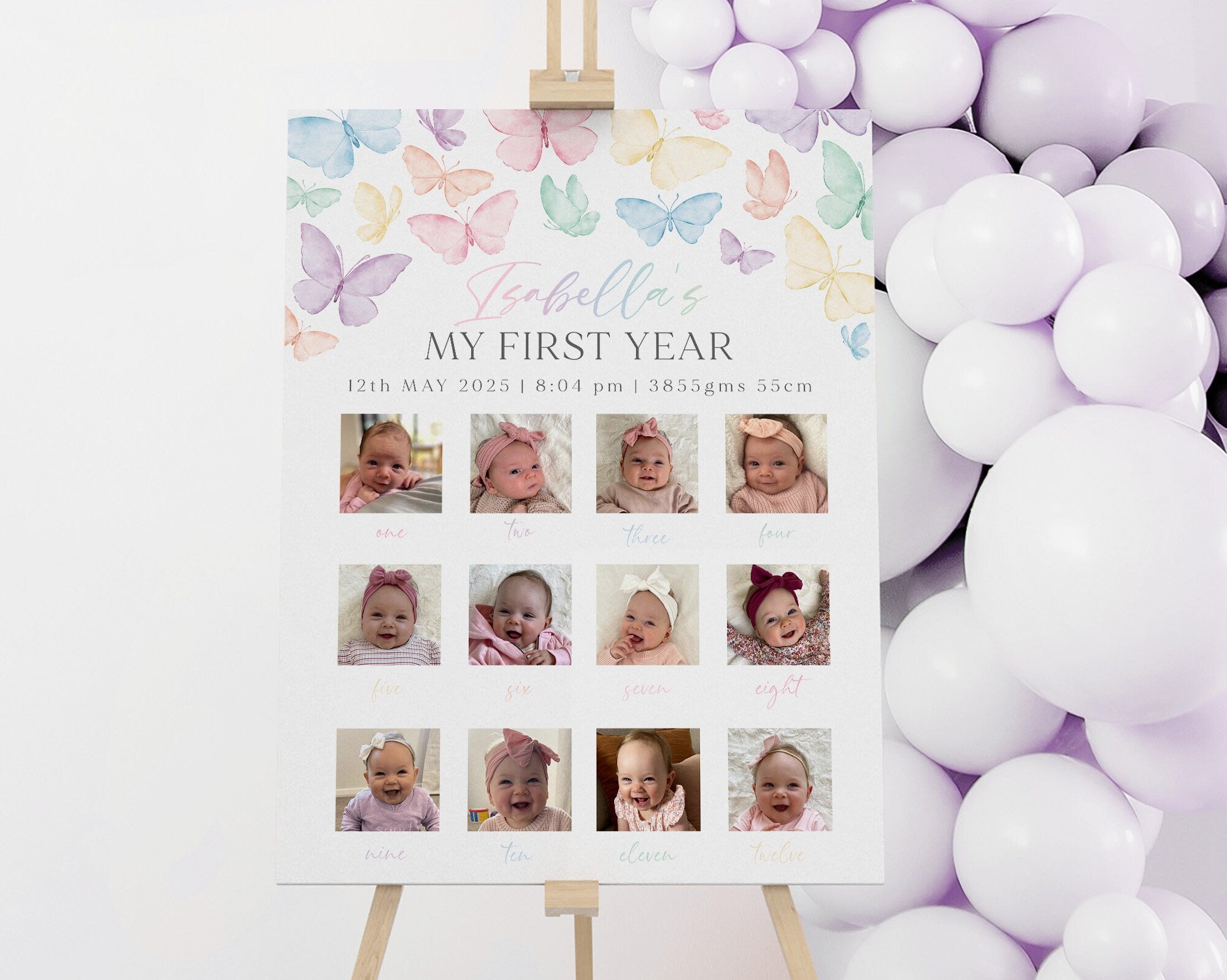 First Birthday Photo Board Printable, 1st Birthday Monthly Photo Sign, Girls First Year, 1st Birthday Decor, Pastel Rainbow Butterfly