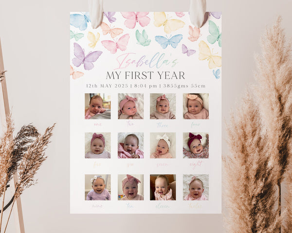 First Birthday Photo Board Printable, 1st Birthday Monthly Photo Sign, Girls First Year, 1st Birthday Decor, Pastel Rainbow Butterfly